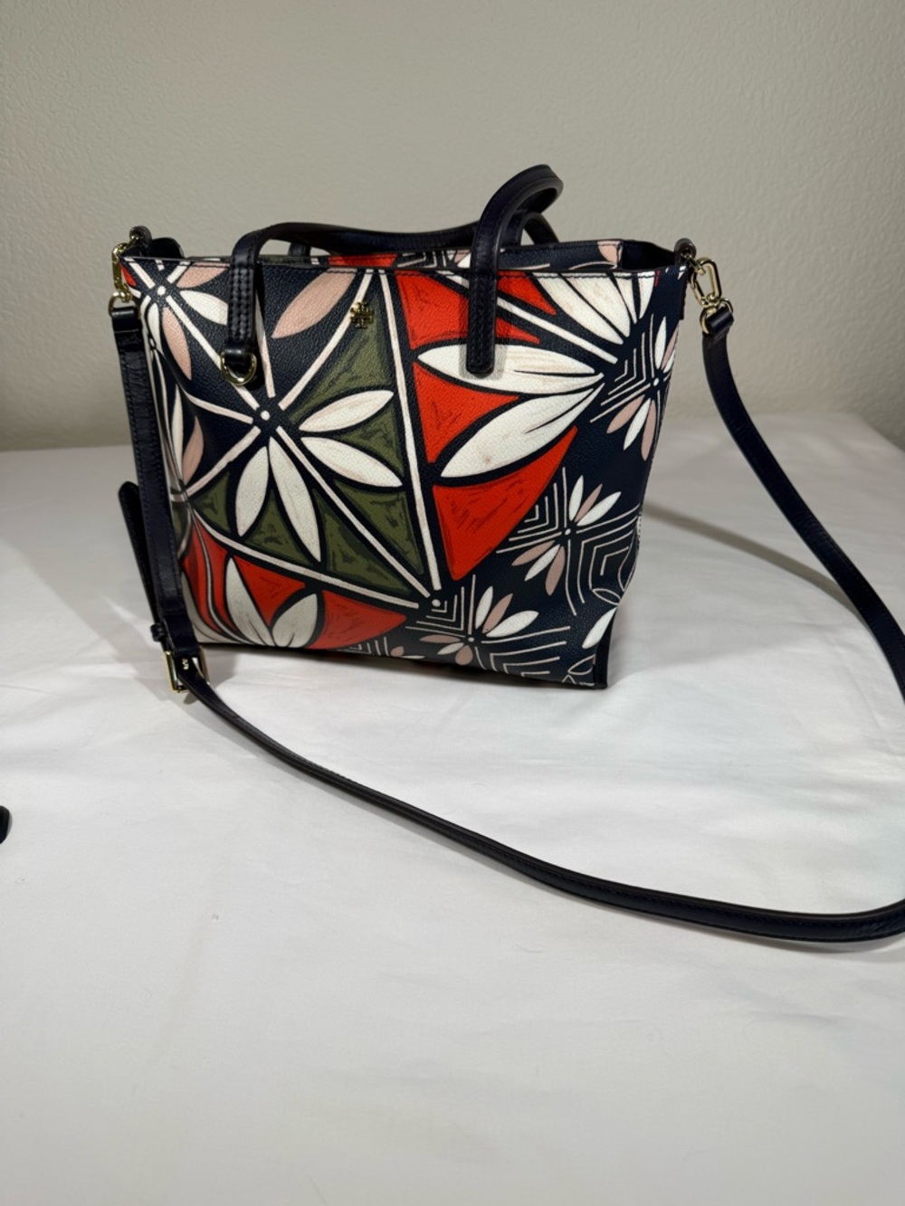 Tory Burch Navy Floral Geo Tote with Red and Olive Accents - Picture 4 of 9